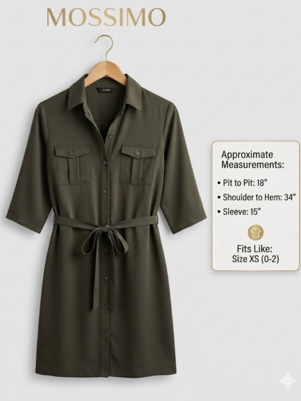 Mossimo Supply Co. Olive Green Utility Shirt Dress Size XS (0-2) Tab-Sleeve.